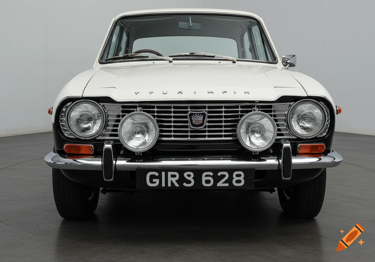Front view of a white and black classic Triumph car with front spotlights.