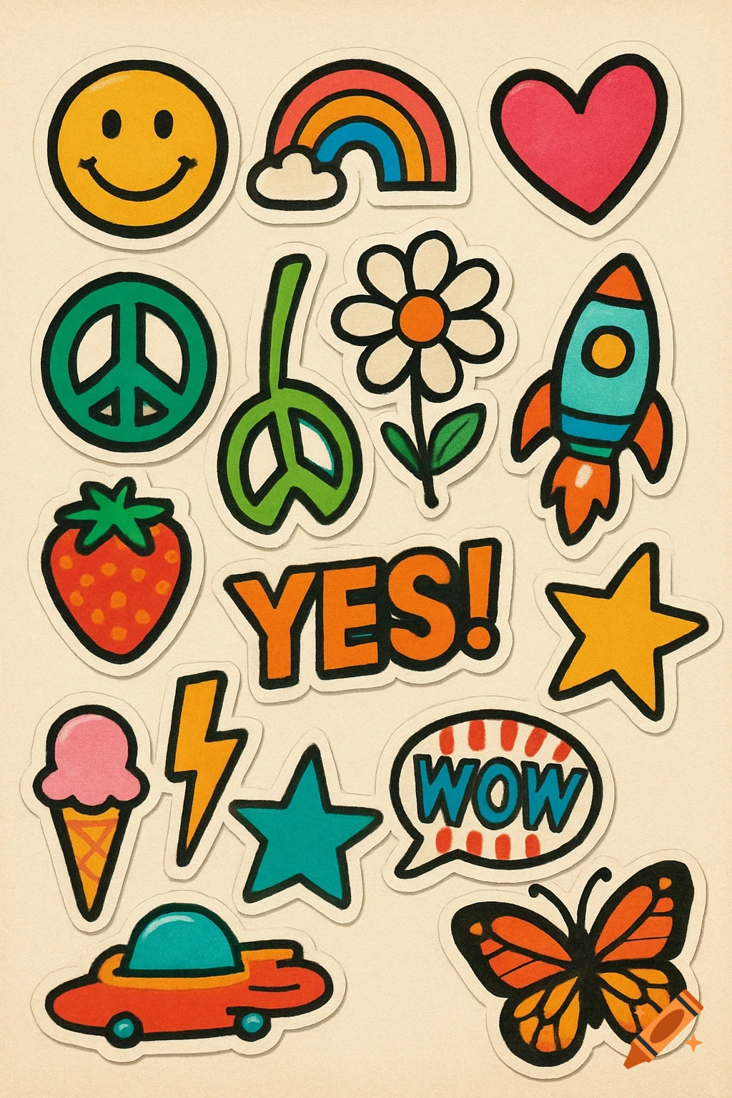 A collection of colorful cartoon stickers including a smiley face, rainbow, heart, peace sign, and words 'YES!' and 'WOW'.