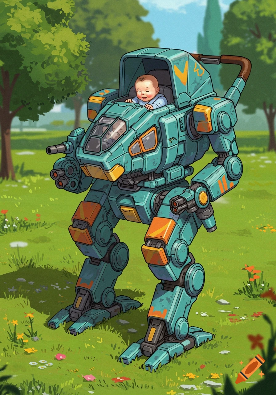A baby sits in the cockpit of a large, teal BattleMech in a grassy park. Illustrated cartoon style.