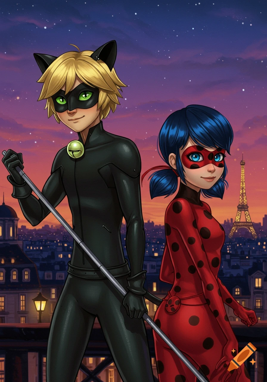 Cat Noir and Ladybug stand together in a cityscape with the Eiffel Tower at sunset.