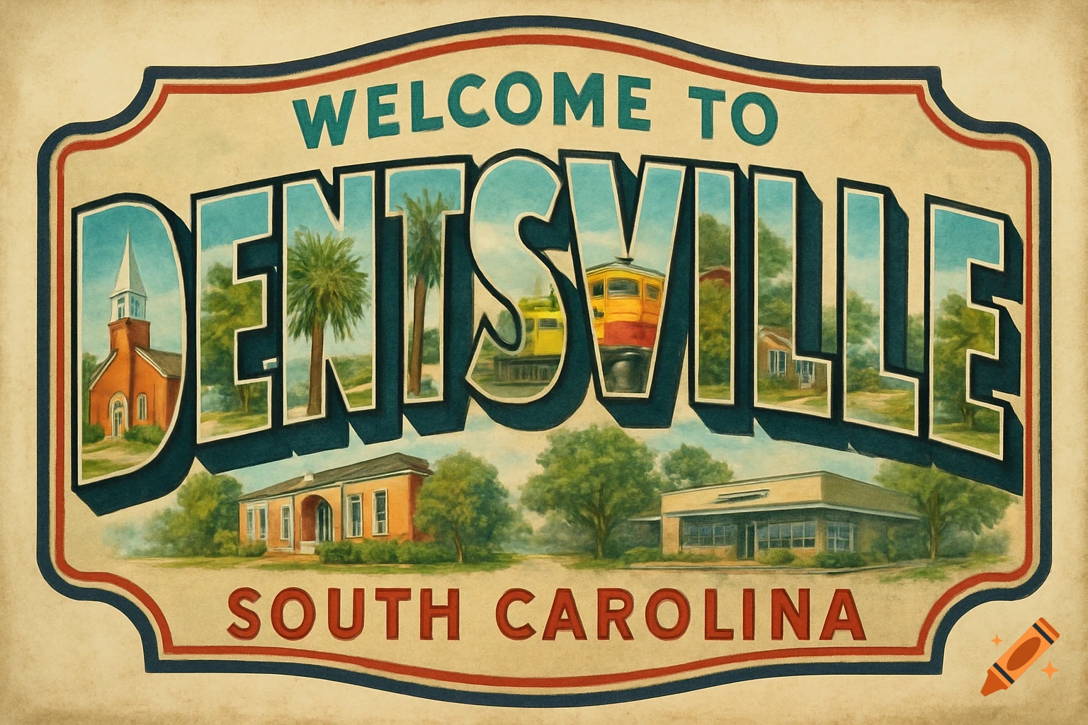 A vintage postcard-style illustration sign saying 'Welcome to Dentsville South Carolina' with scenery inside the letters.