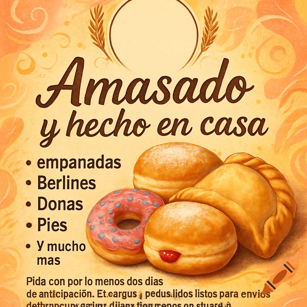Advertising sign for a bakery with donuts, empanadas, and text.