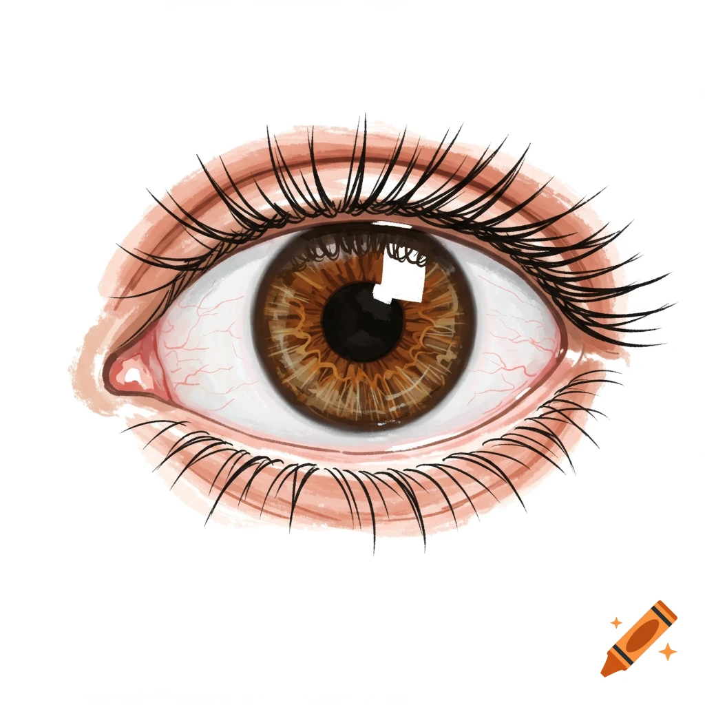 A close-up hand-drawn illustration of a brown eye with long eyelashes on a white background.