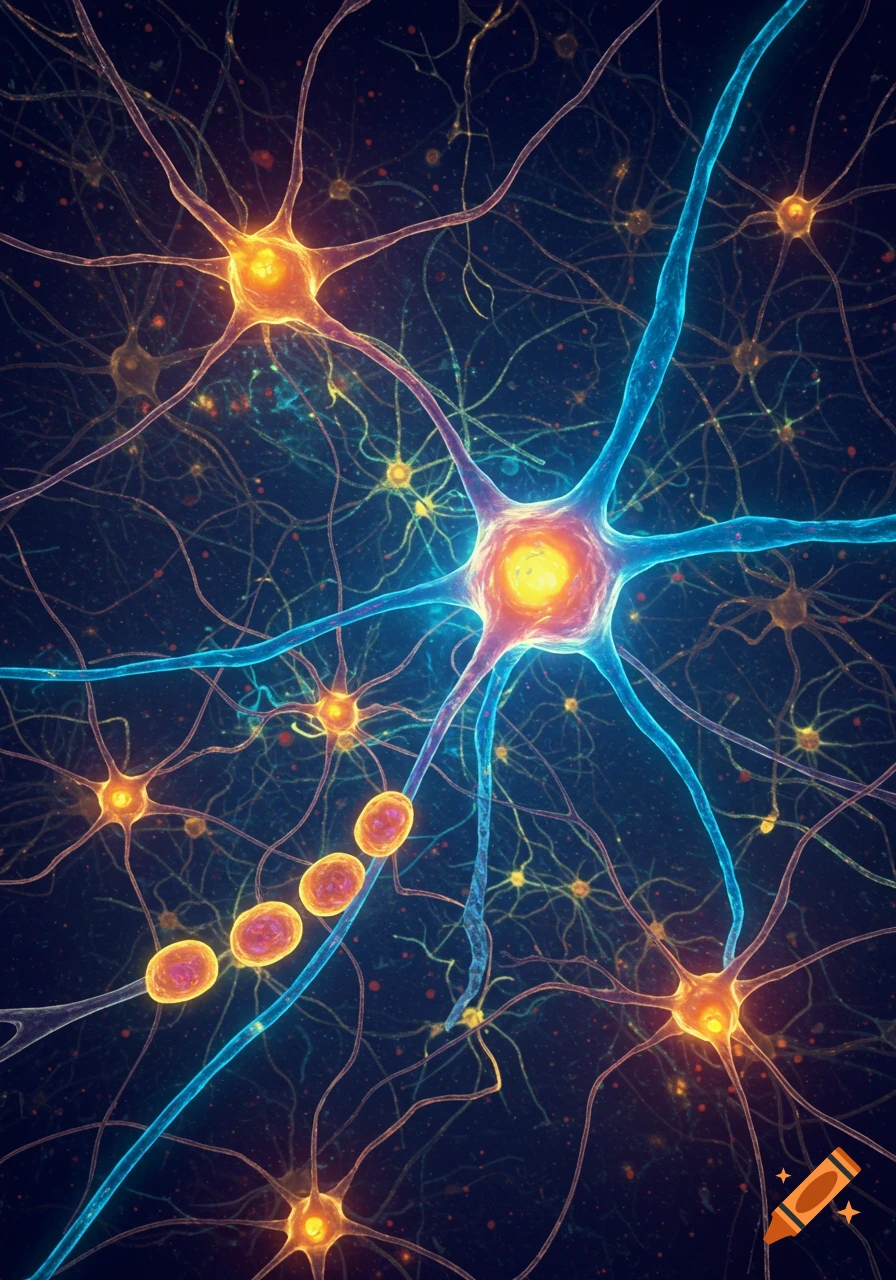 Close-up abstract depiction of interconnected neurons and their structures glowing brightly against a dark background.