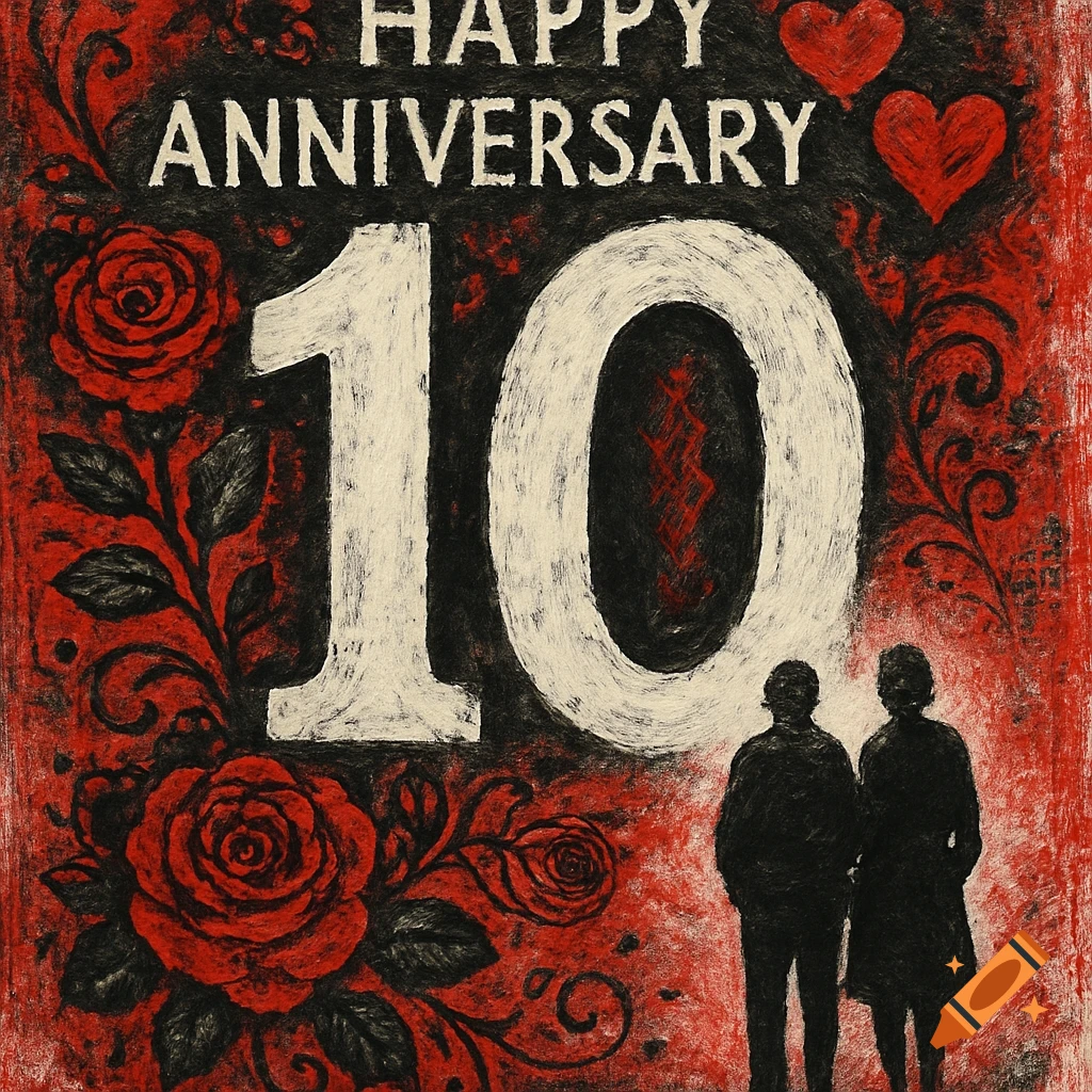 Brush stroke illustration for a 10th anniversary with large '10', 'Happy Anniversary', roses, hearts, and couple silhouette.