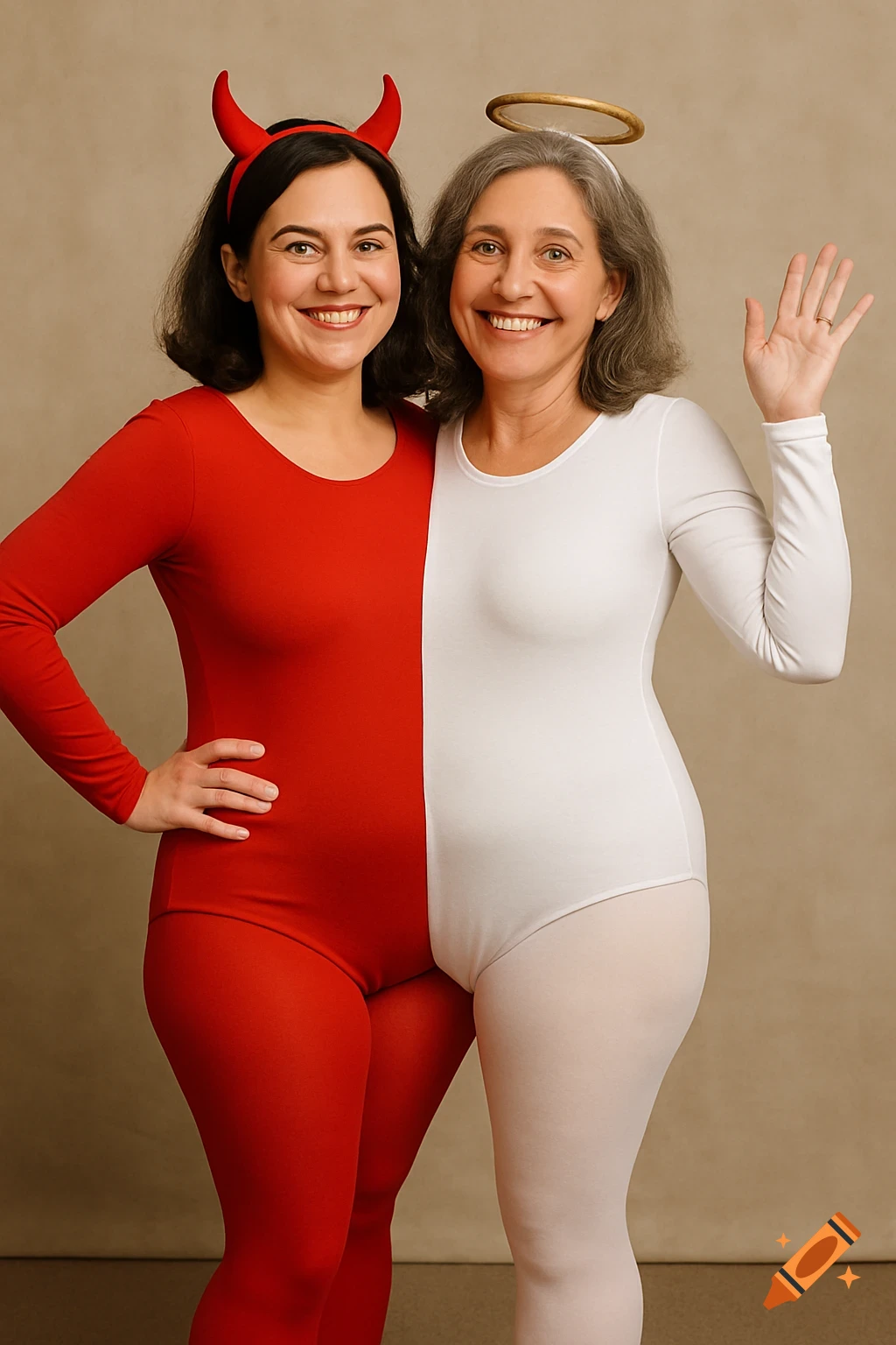 Two women in a creative costume, one side red as a devil, the other white as an angel, appearing joined.