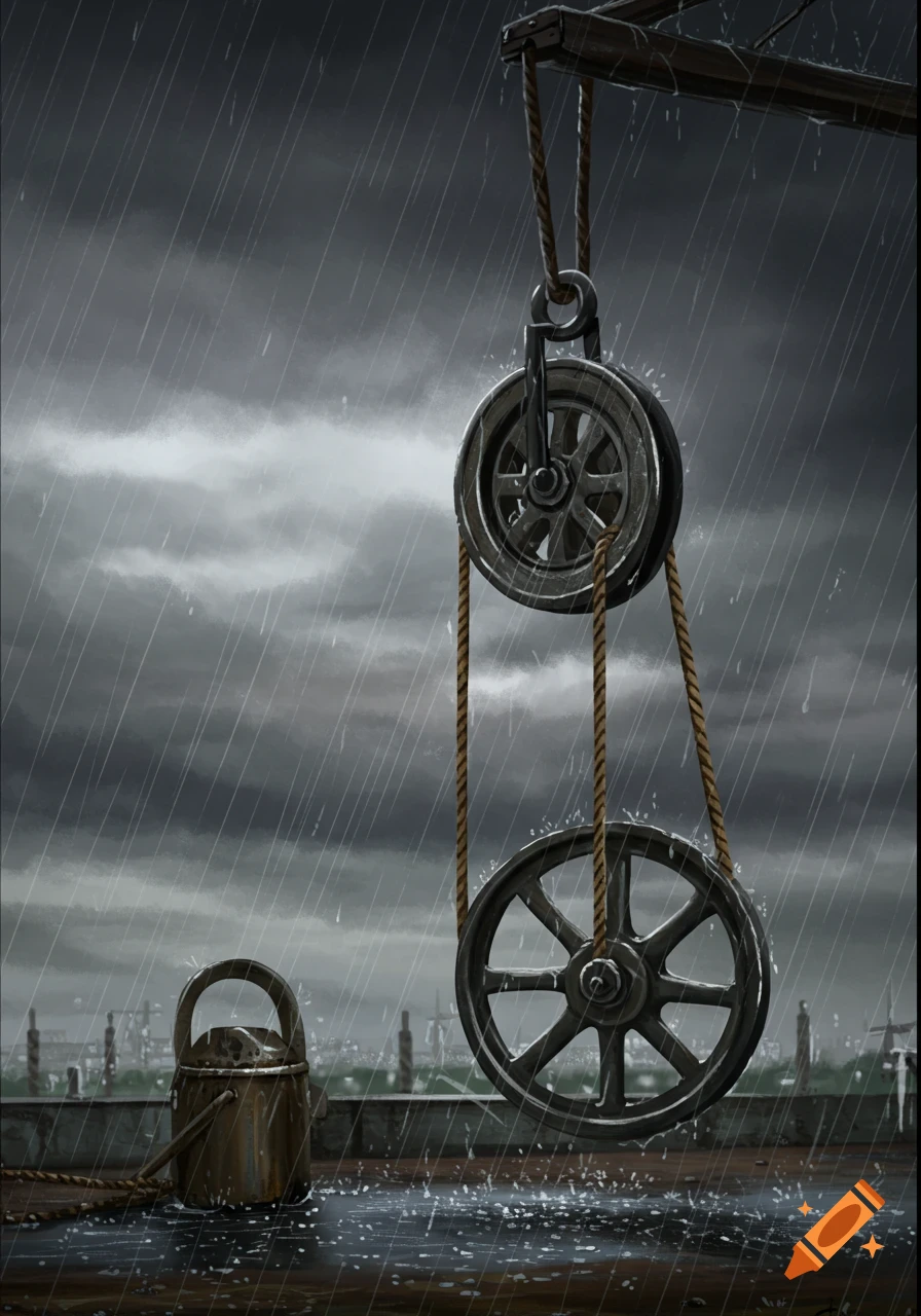 A pulley system with a bucket hangs in heavy rain.