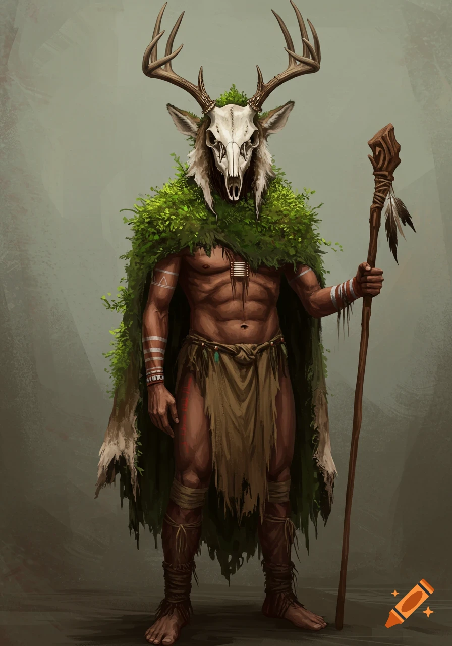 Digital painting of a tribal man wearing a deer skull mask and mossy cape, holding a staff.