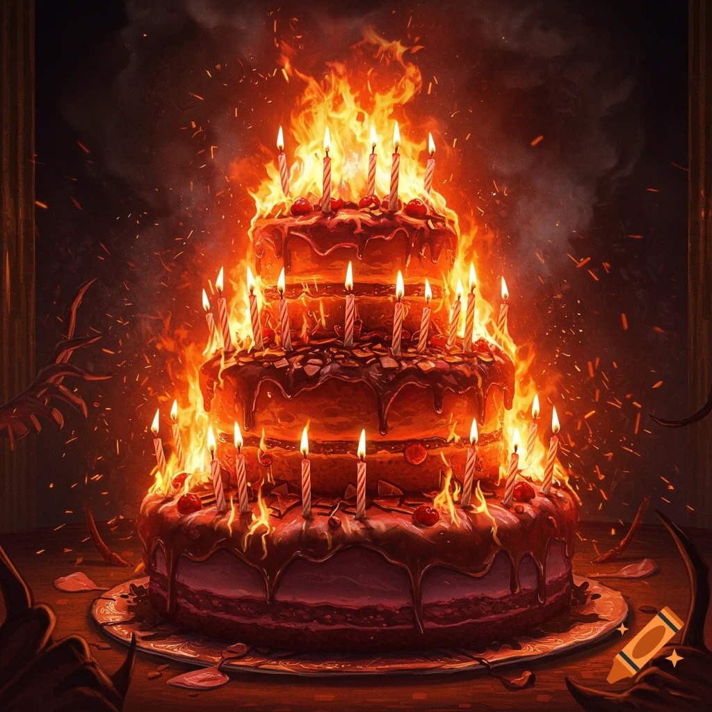 A dramatic painting of a three-tiered birthday cake engulfed in flames ...
