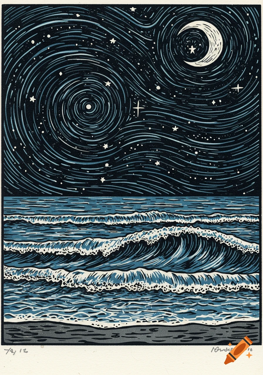 Linocut illustration of a starry night sky with a crescent moon over crashing waves on a beach.