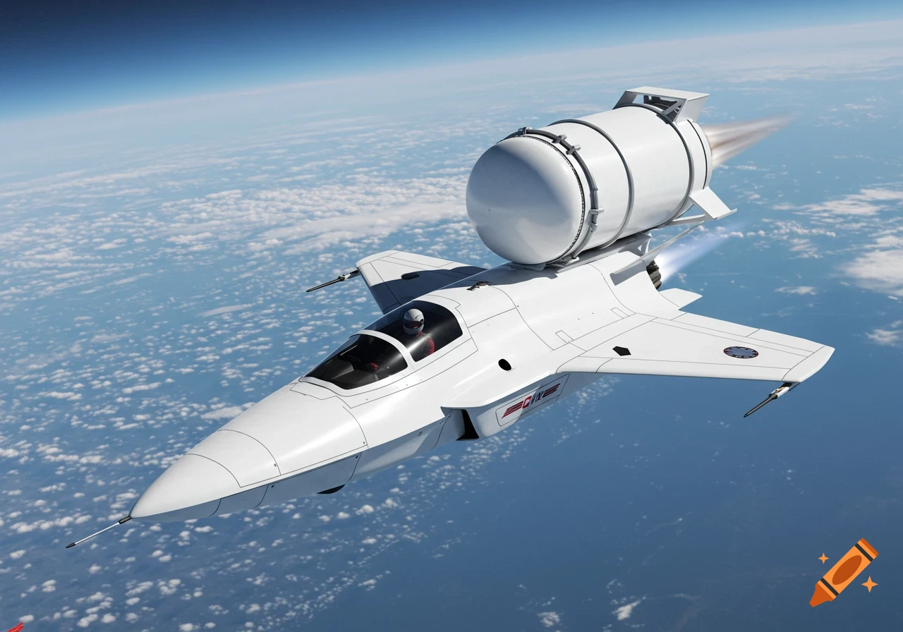 A white futuristic jet with a large fuel tank flying above clouds.