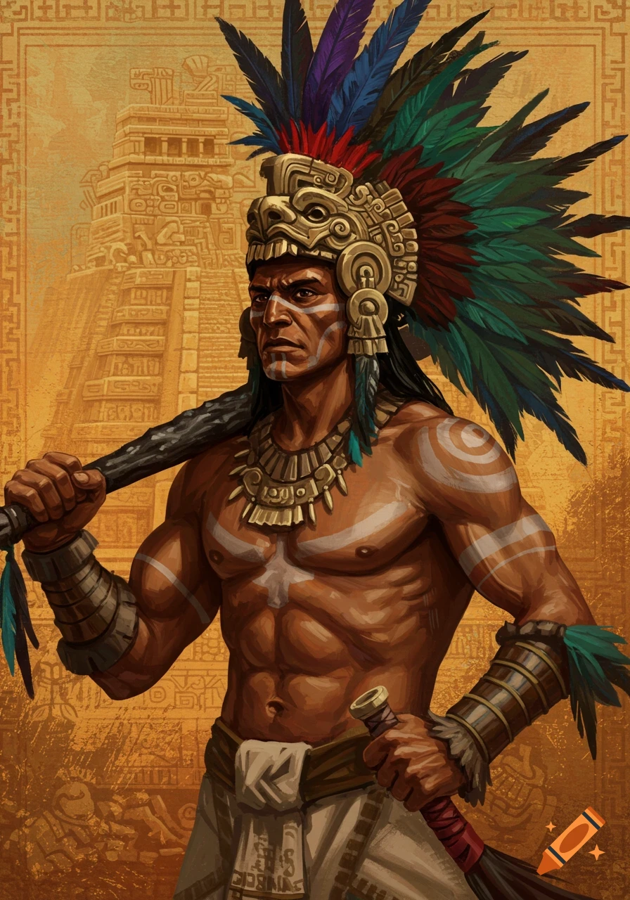 Illustration of a strong Aztec warrior with a large feathered headdress, body paint, and gold jewelry, holding weapons, standing before a pyramid.