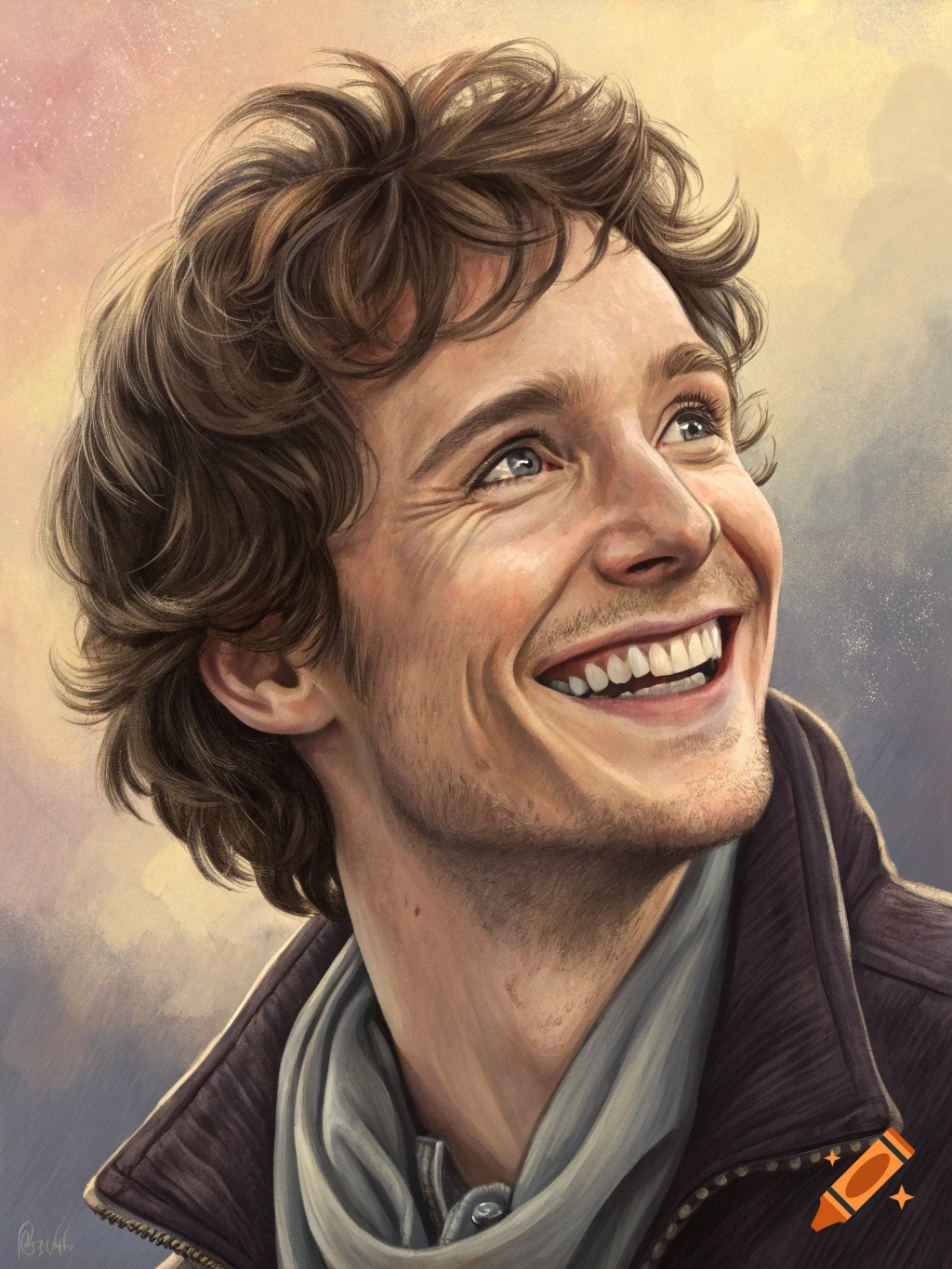 Detailed portrait of a young man with brown curly hair smiling and looking up, in a painterly style.