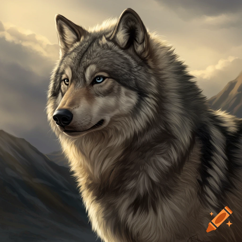 Close-up digital painting of a wolf with blue and brown eyes looking left, with mountains and a cloudy sky behind it.