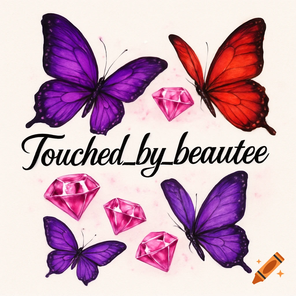 Logo with purple and red butterflies, pink diamonds, and the text 'Touched_by_beautee'.