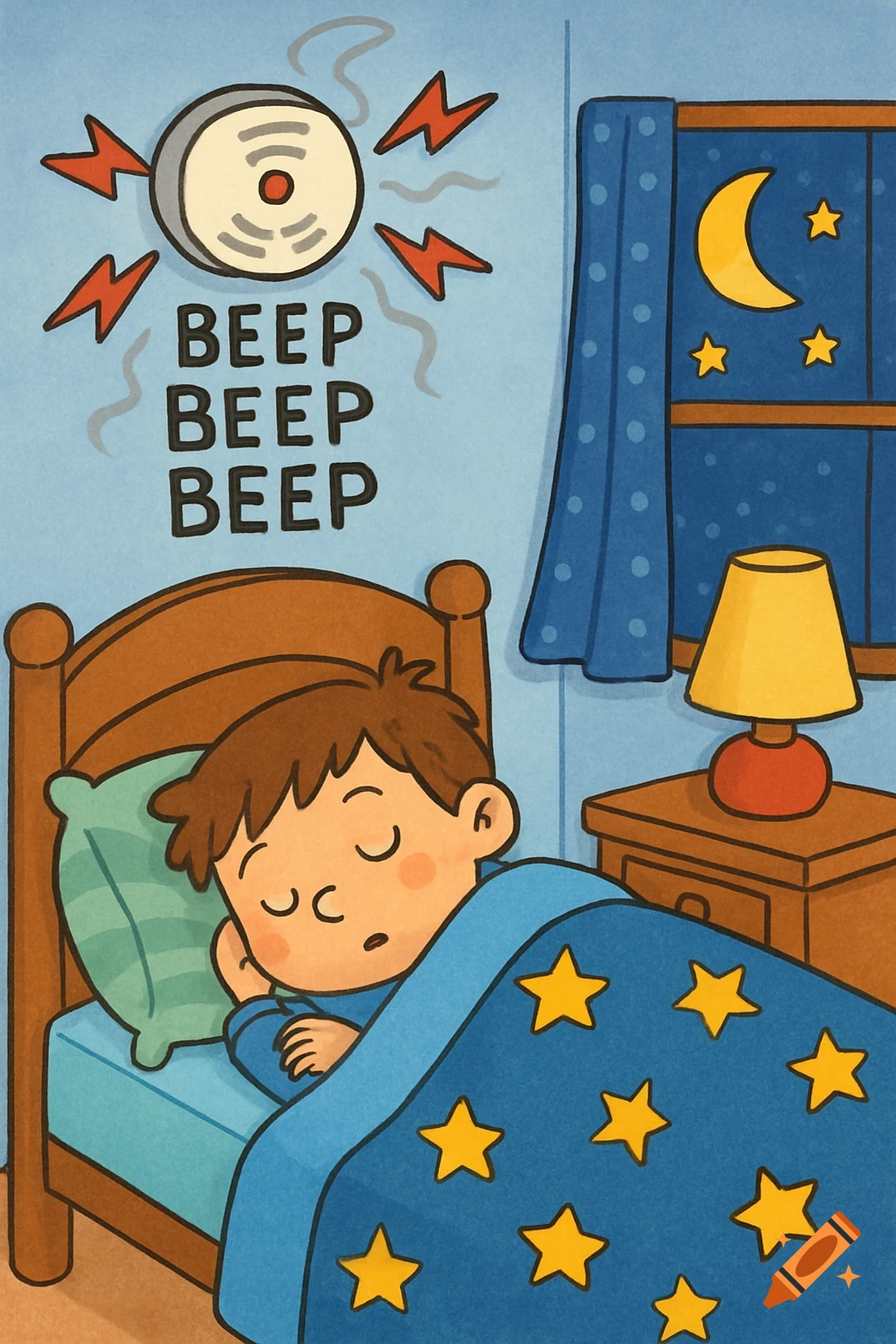 Cartoon illustration of a child sleeping while a smoke alarm beeps 'BEEP BEEP BEEP' overhead.
