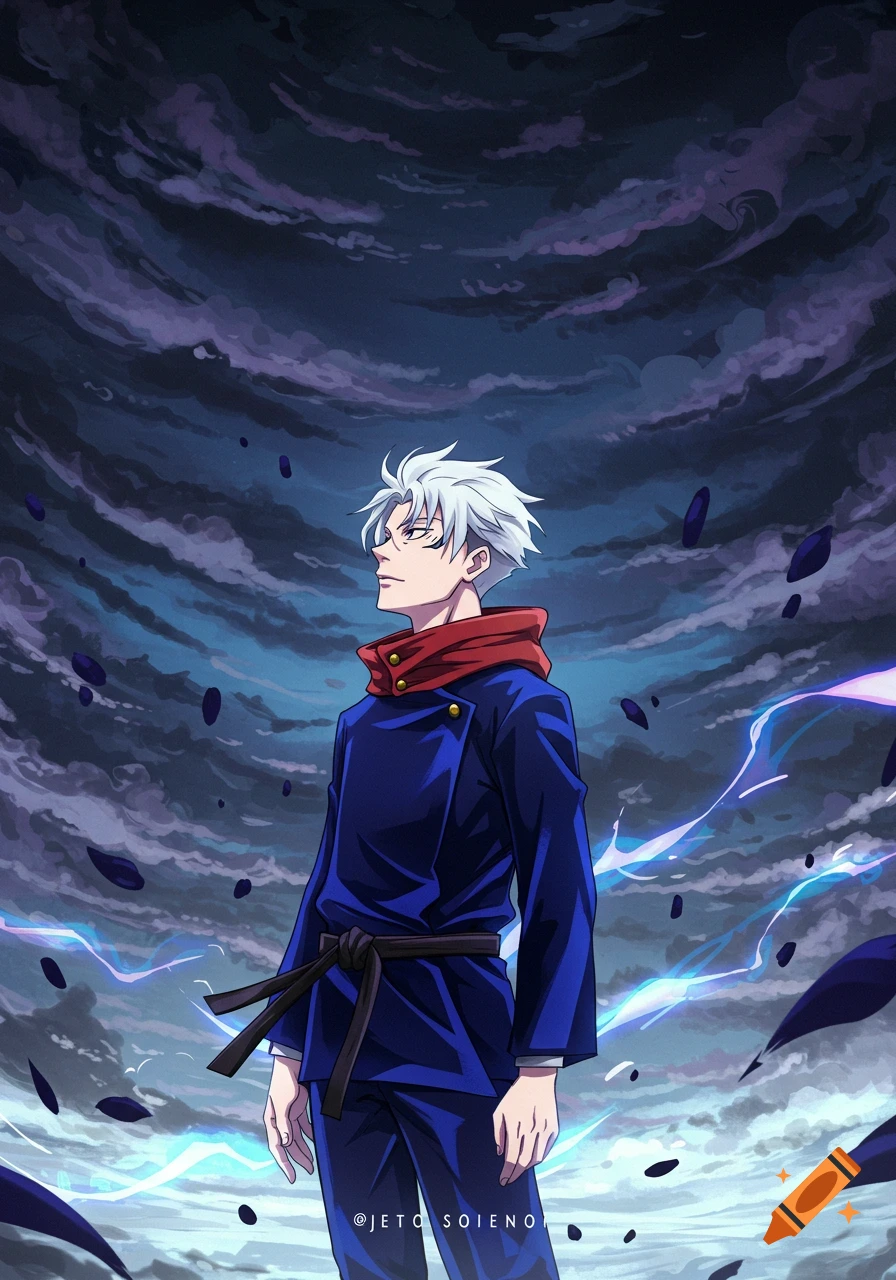 Anime illustration of a white-haired character in a stormy sky with floating objects and energy.