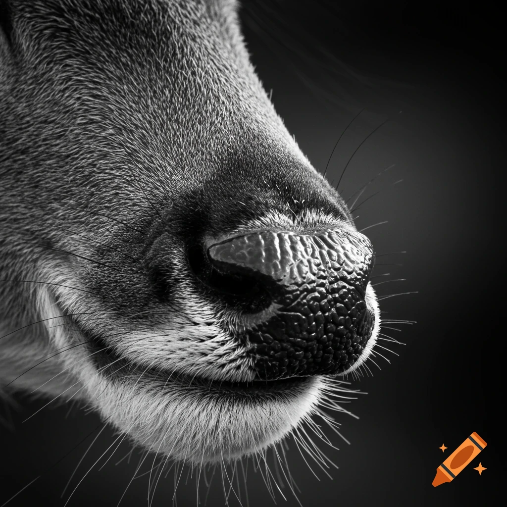 Detailed black and white close-up of a fawn's muzzle