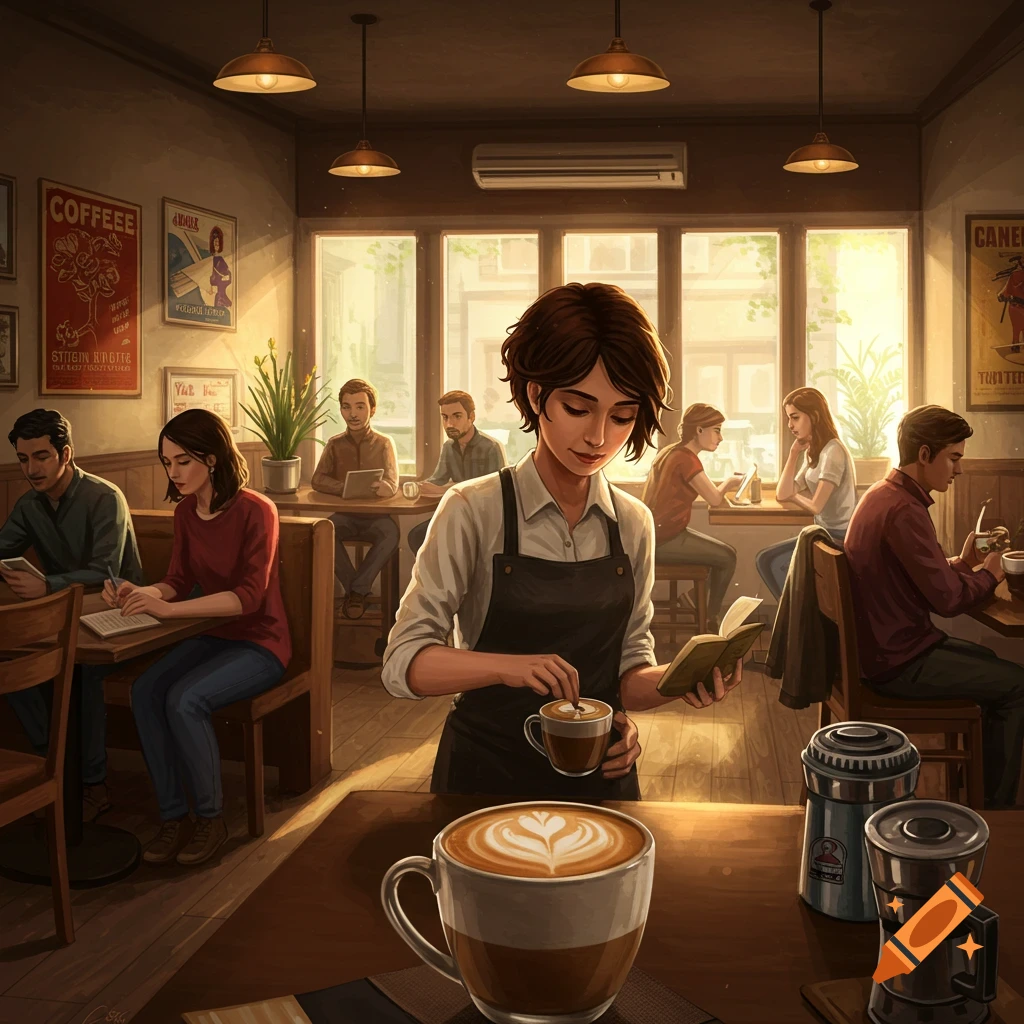 A barista stirs a coffee drink in a busy coffee shop with patrons seated at tables.