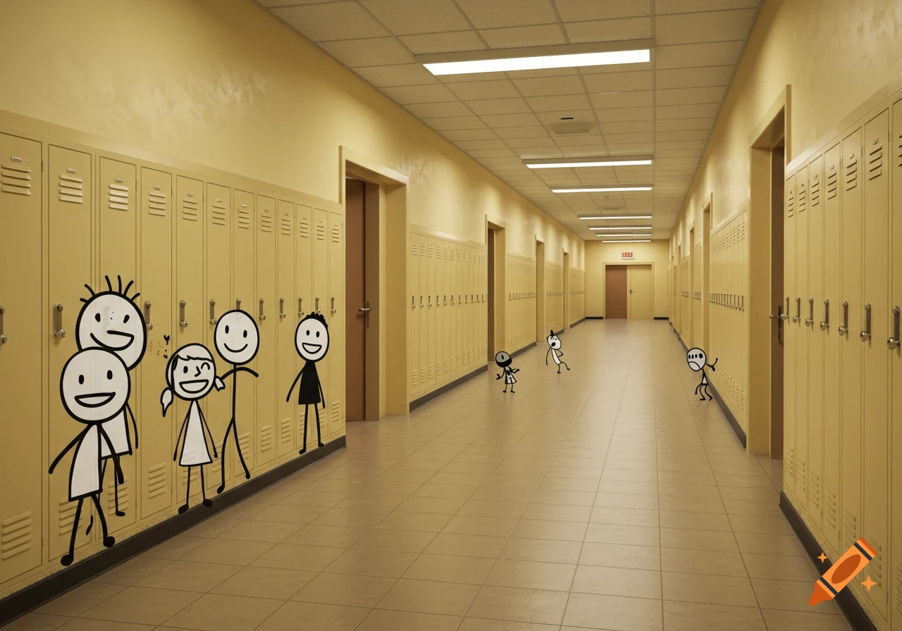 A school hallway with cartoon stick figures on the wall and floor.