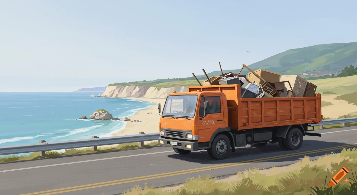 An orange dump truck filled with junk drives along a coastal highway next to a beach.