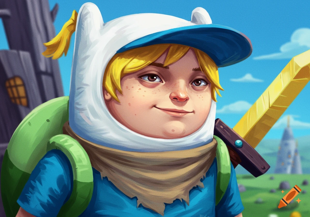 Stylized realistic illustration of Finn from Adventure Time smiling, with his sword and backpack, in a landscape.