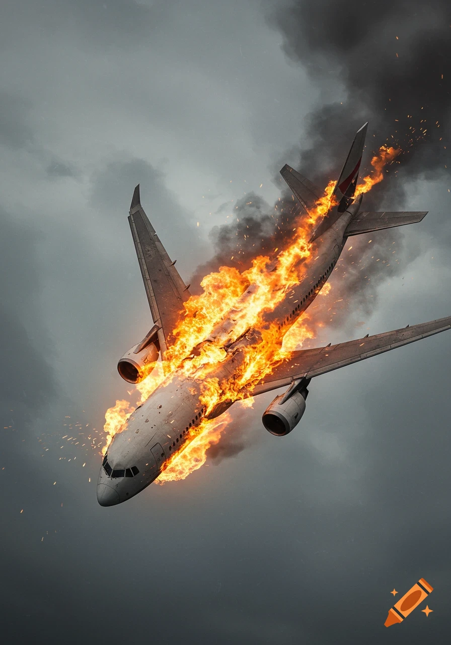 A passenger airplane is engulfed in flames as it nosedives through a dark, cloudy sky.