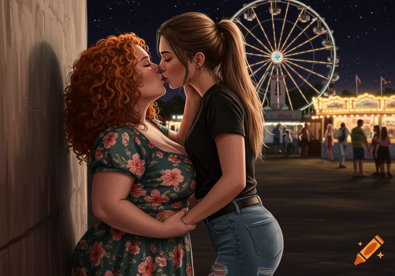 Two women, one with red curly hair, kiss at a fair at night with a Ferris wheel behind them.