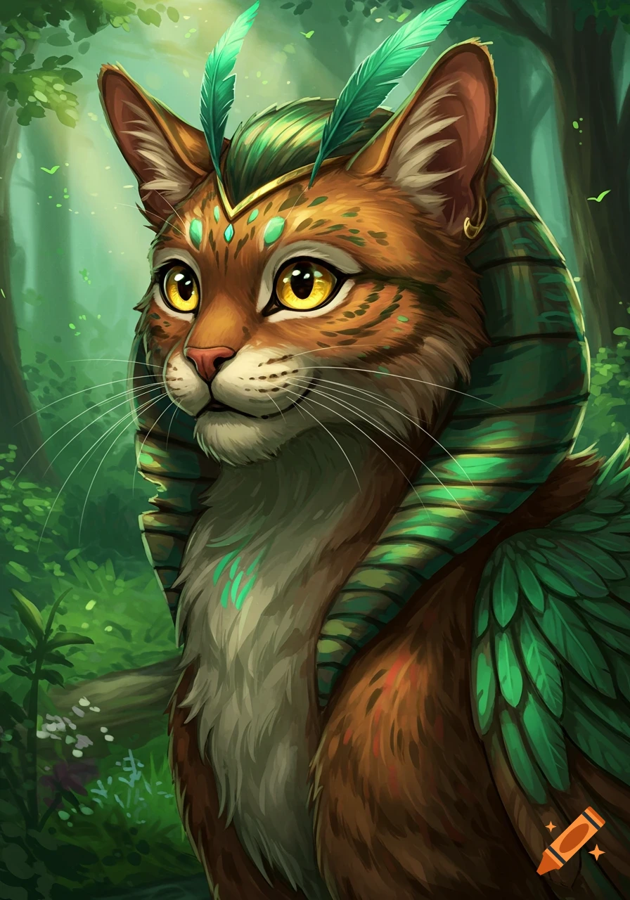 A close-up illustration of a fantastical cat-like creature with feathers and Egyptian-style headdress in a forest.
