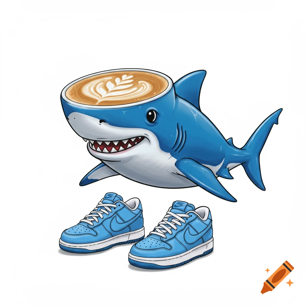 Cartoon blue shark with cappuccino head and blue sneakers.