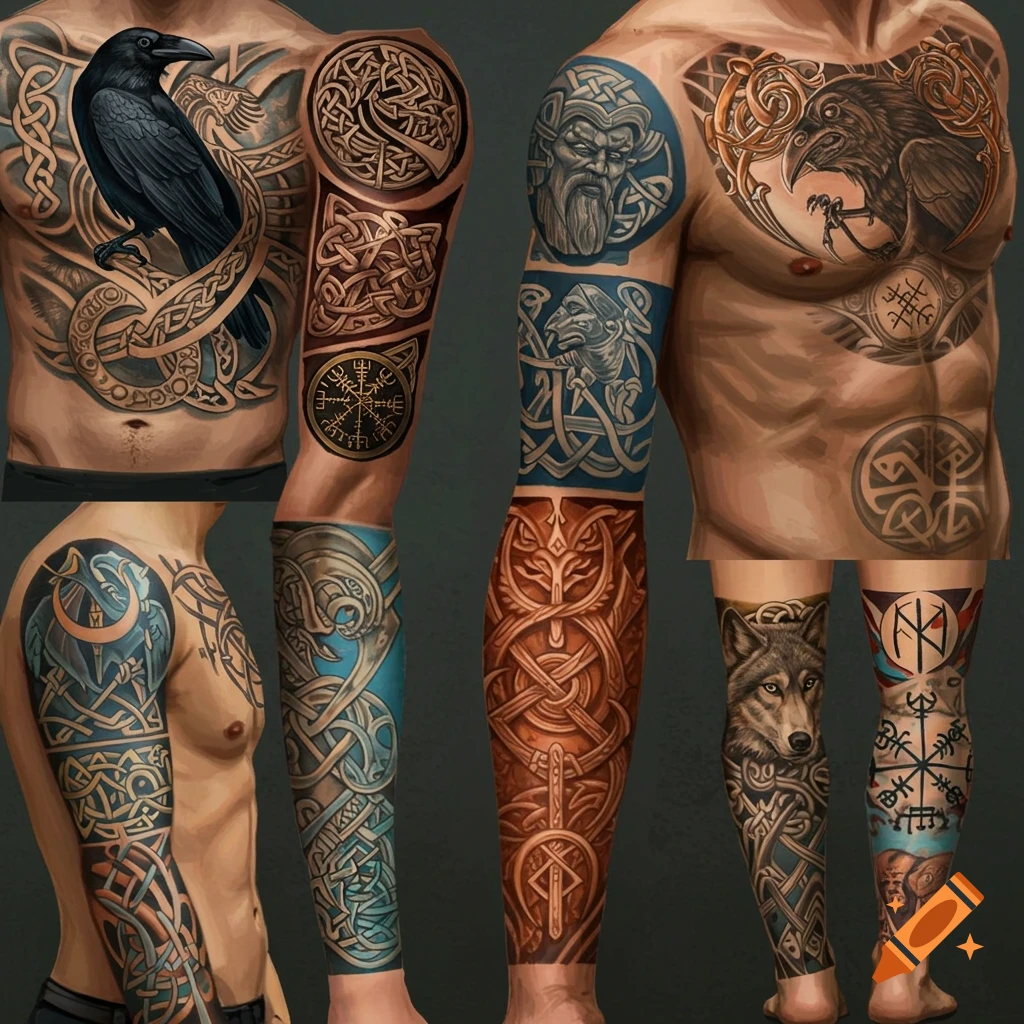 Examples of various Norse-inspired tattoos featuring ravens, a wolf, knotwork, and symbols like Vegvisir on torsos, arms, and legs.