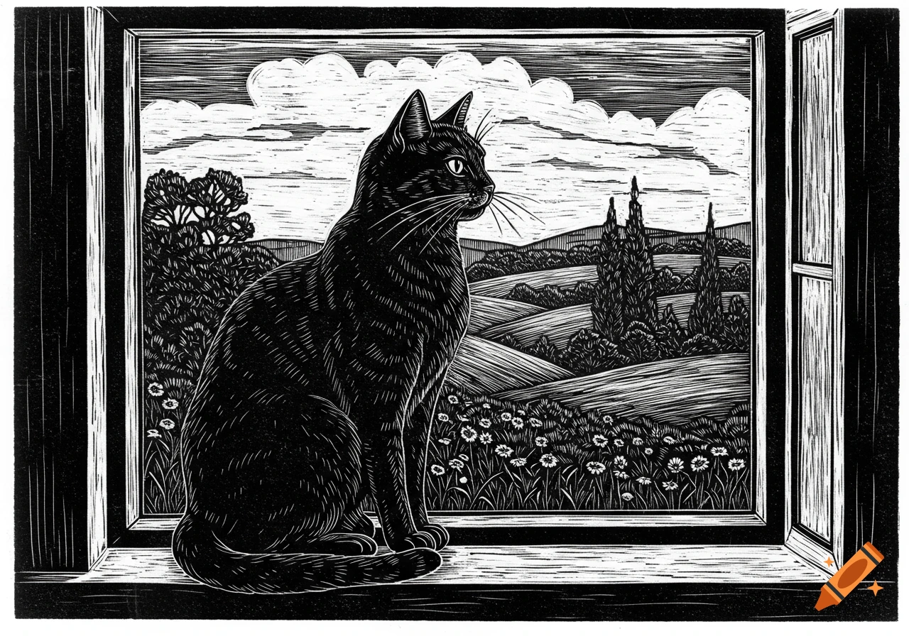A black cat sits in a window looking out at a landscape of rolling hills, trees, and a cloudy sky, in a black and white linocut style.