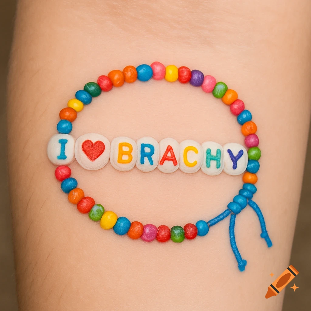 Close-up of a multicolor beaded bracelet on skin with 'I love BRACHY' spelled out in beads with a heart.