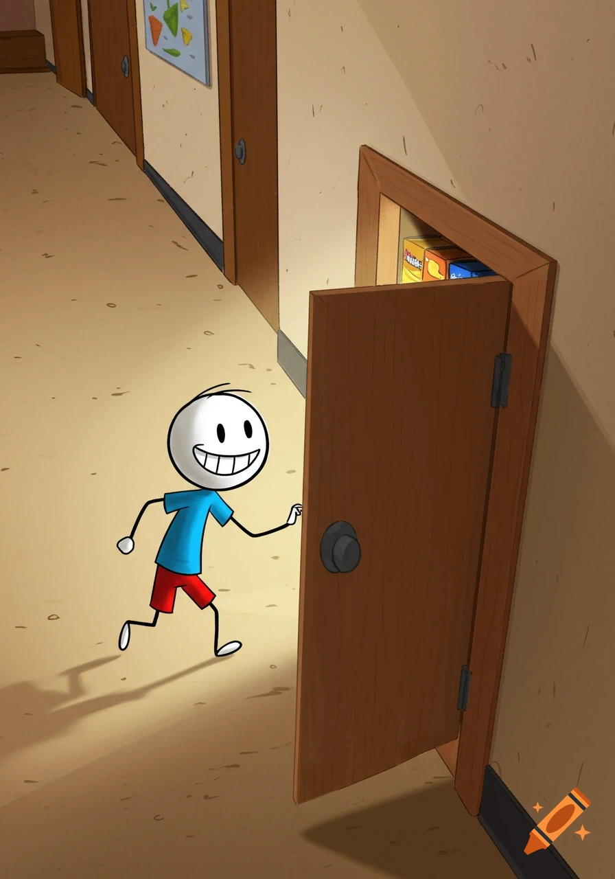 Cartoon stick figure runs towards a supply closet door open to reveal snacks.