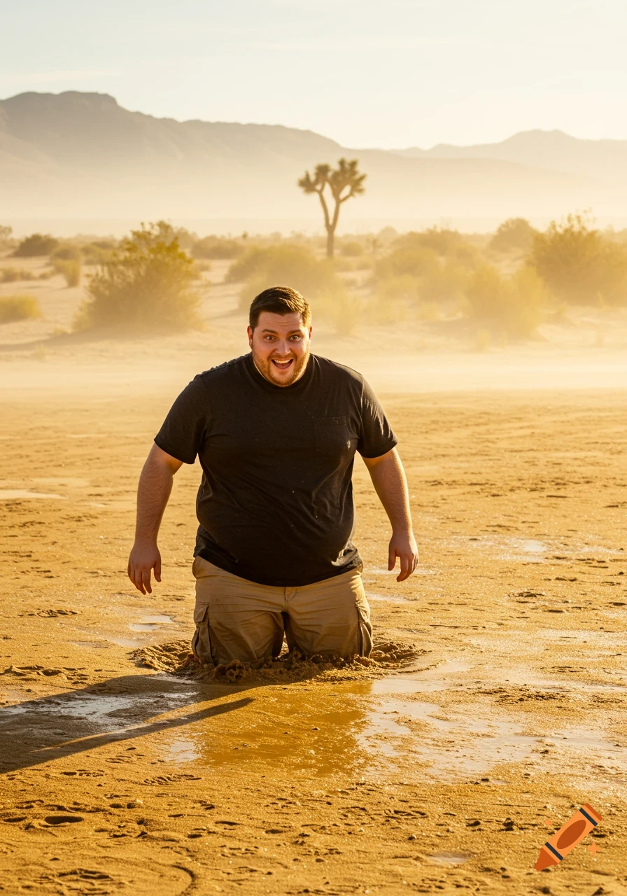 A man sunk in sand in a desert, with a surprised expression.