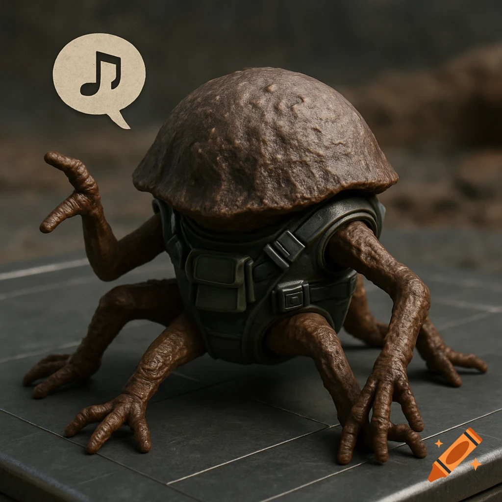Photorealistic image of a dome-shaped alien creature with five limbs wearing a harness, with a speech bubble containing a music note.