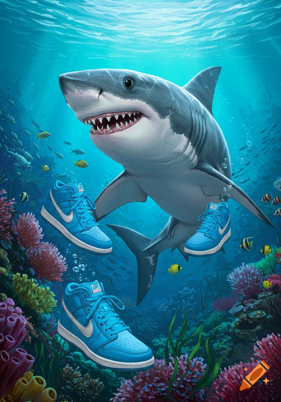 A cartoon great white shark swimming underwater in a coral reef, wearing blue high-top sneakers.