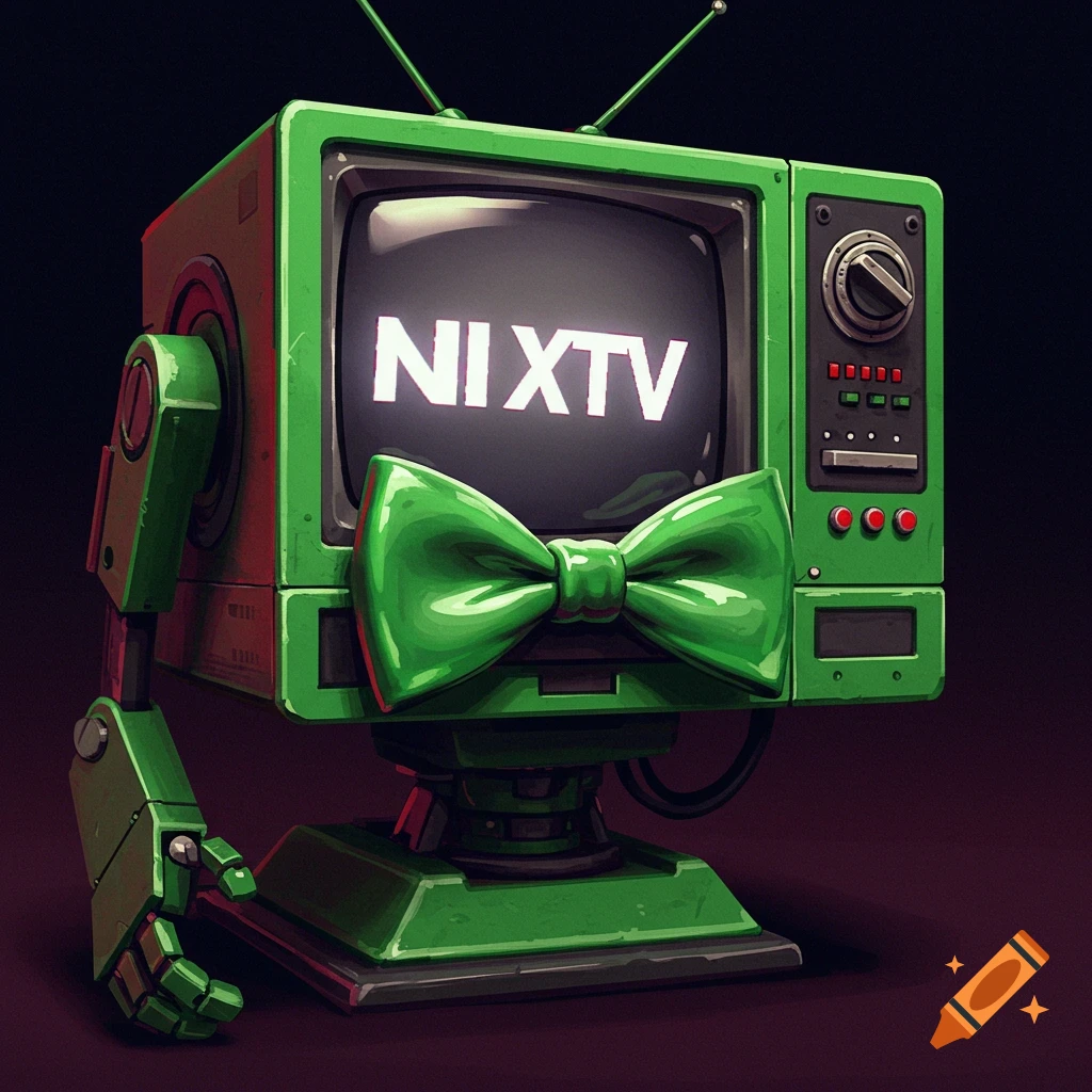 A green robotic television with a green bow tie.
