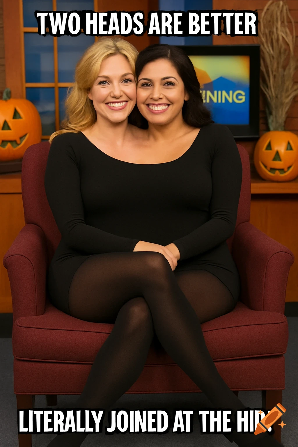 Two women appearing joined at the hip sit in a chair on a Halloween TV set, with text 'TWO HEADS ARE BETTER' and 'LITERALLY JOINED AT THE HIP!'