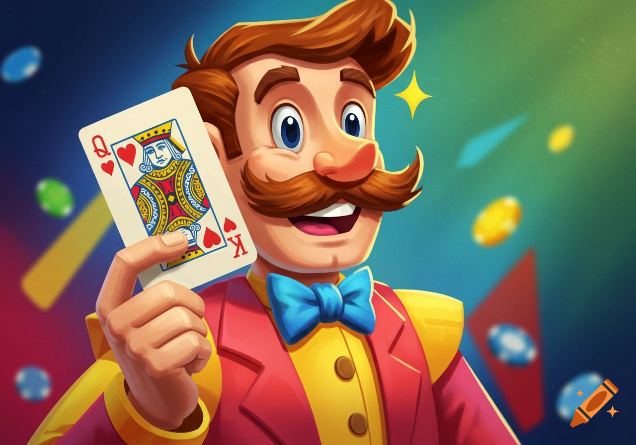 A smiling cartoon man with a mustache and blue bowtie holds up a Queen of Hearts playing card in a game setting.