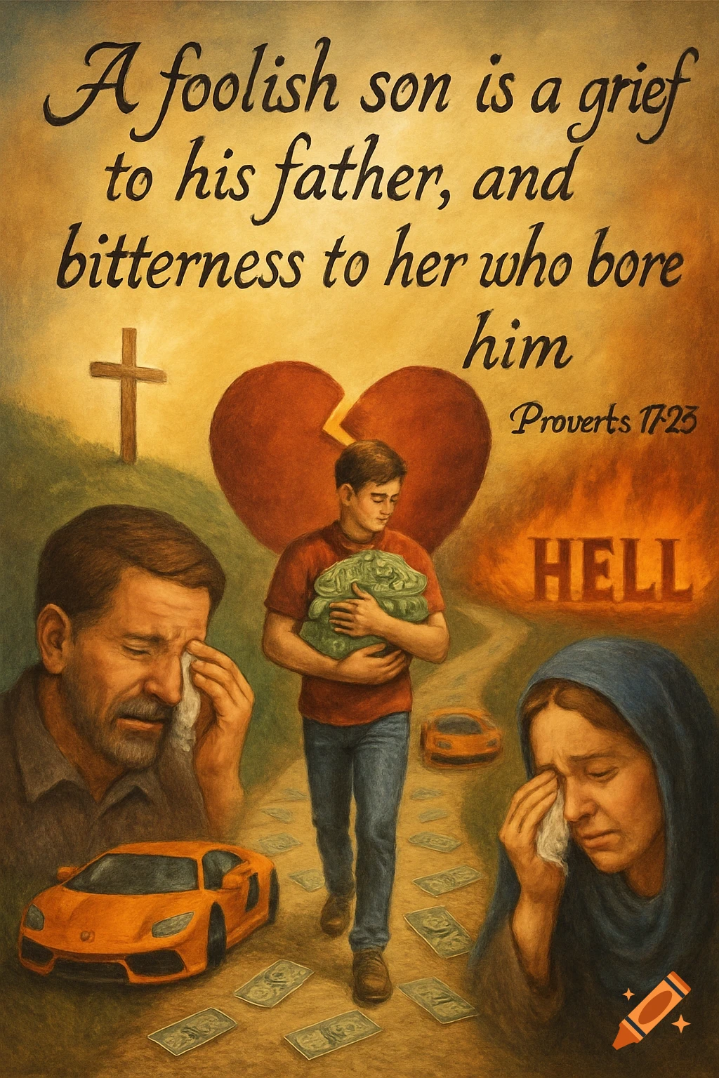 Illustration of Proverbs 17:25 with crying parents, a son with money walking towards hell, a broken heart, and a cross.