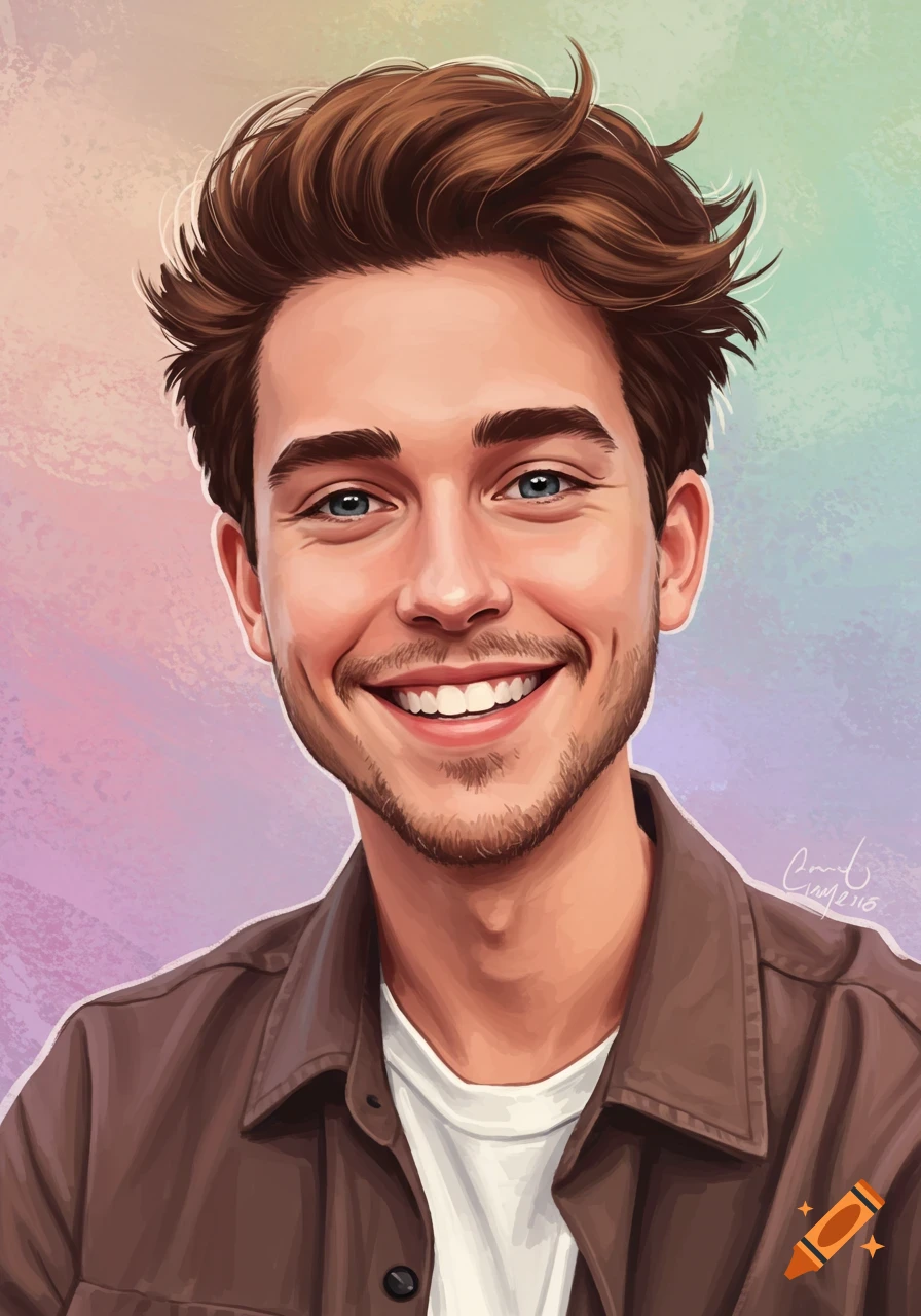 Stylized portrait of a smiling young man.