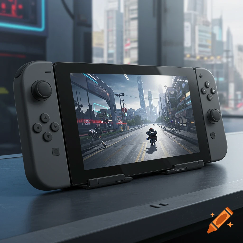 Close-up of a Nintendo Switch playing a futuristic video game.