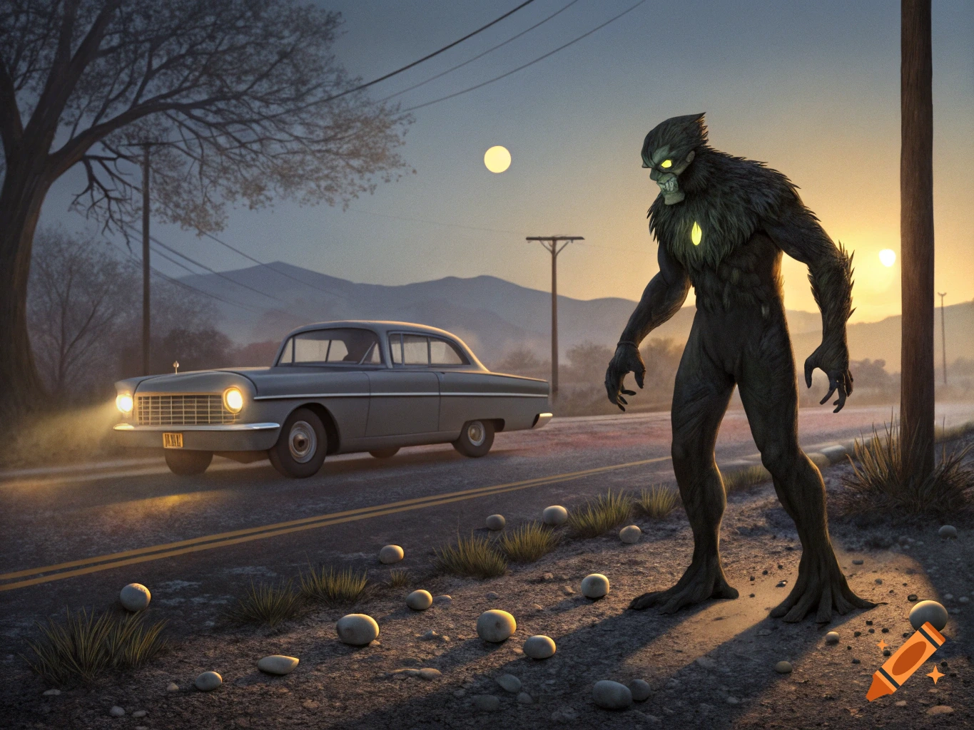A large, furry monster stands beside a classic car on a road at dusk.