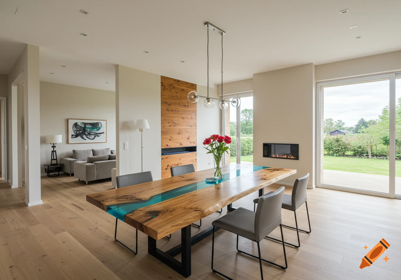 Modern dining room interior with a large river table, chairs, fireplace, and garden view through large windows.
