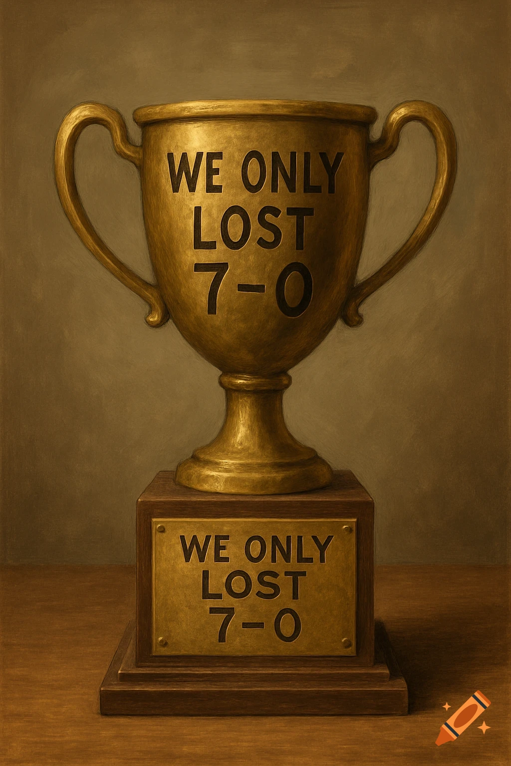 A bronze trophy with 'WE ONLY LOST 7-0' written on it, painted style.