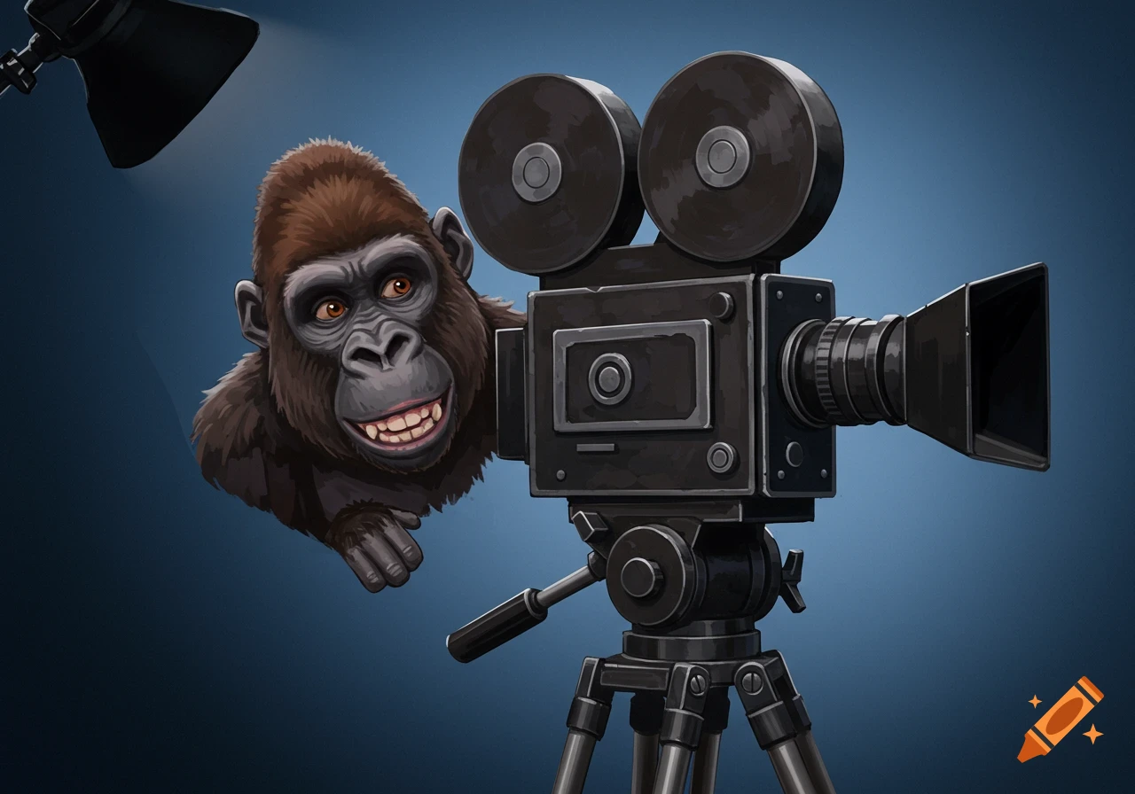 Cartoon gorilla peering from behind a large film camera under a spotlight.