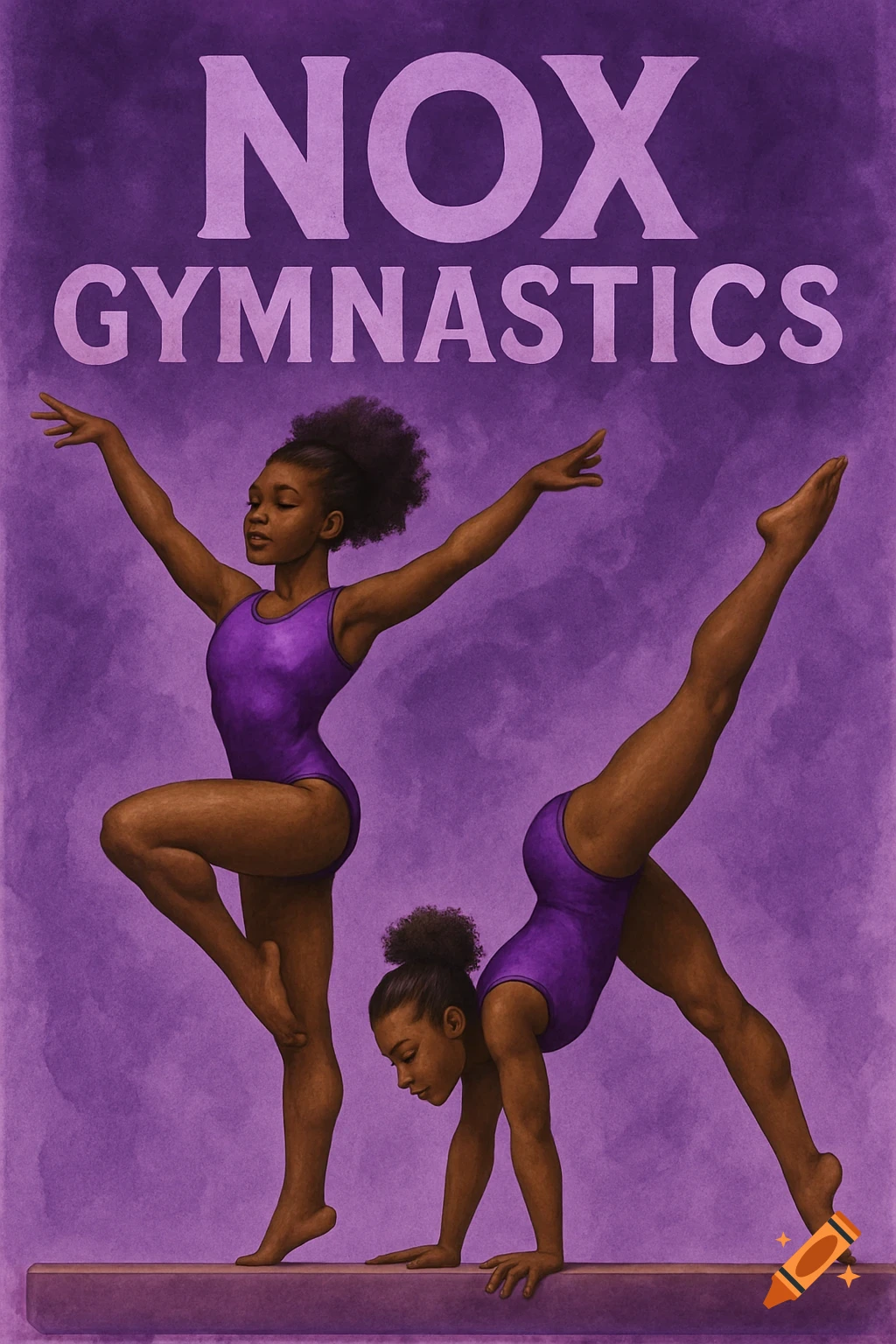 Purple poster with text 'NOX GYMNASTICS' and two Afro girls performing gymnastics poses.