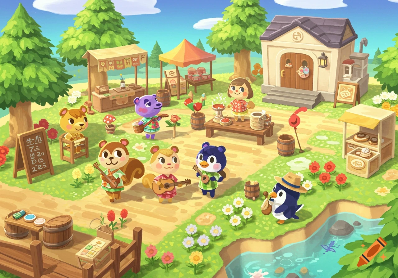 Animal Crossing characters in a village square with market stalls and a river, in an illustration style.