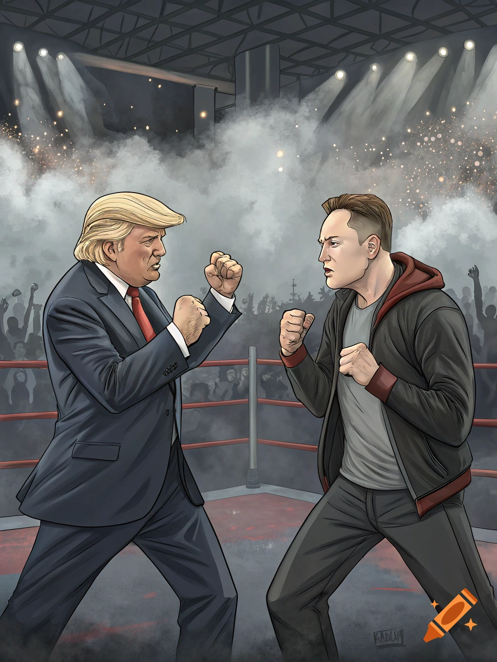 Illustration of Donald Trump and Elon Musk squaring off in a boxing ring.